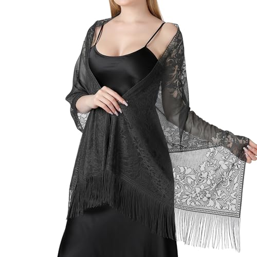 Black Lace Shawl Wraps for Women Shoulder Wraps for Dresses Ladies Black Scarf Formal Dress Cover Up Shrug Evening Parties Wedding Shawls Shall Long Stylish Shawl Formal Dresses Shrug