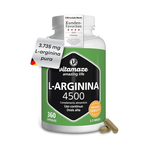 Vitamaze® L-Arginina 4500 mg Altamente Concentrada, 360 Cápsulas, Adecuado para las Personas Alérgicas, Pura Natural L-Arginine HCL sin Aditivos Innecesarios, Calidad Alemana