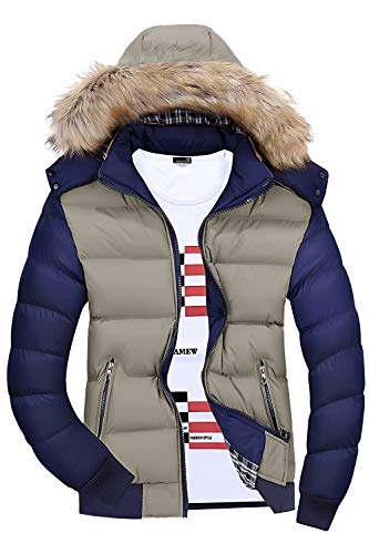 Mr.Stream Men's Classic Contrast Fashion Winter Hooded Jacket Casual Windproof Coat Warm Outdoor Parka US M=Tag Asia 4XL Khaki Blue
