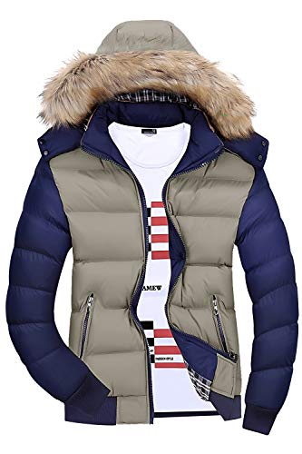 Mr.Stream Men's Classic Contrast Fashion Winter Hooded Jacket Casual Windproof Coat Warm Outdoor Parka US S=Tag Asia 3XL Khaki Blue