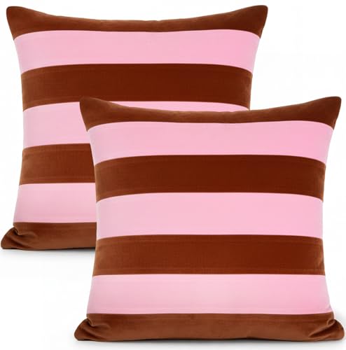 Image of Flutesan 2 Pack Velvet Stripes Throw Pillow Covers - 18x18 Inch Pink and Brown Velvet Pillow Cover Decorative Modern Square Cushion Cases for Sofa Couch Bed Chair Living Room Decor