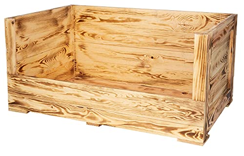 Truhenking Tolles Hundebett aus Holz mit Polsterung Holzkiste mit besonderer Holzmaserung und großem Einstieg| Neu | 90x57x45cm | Hundebett mit dickem & warmen Polster