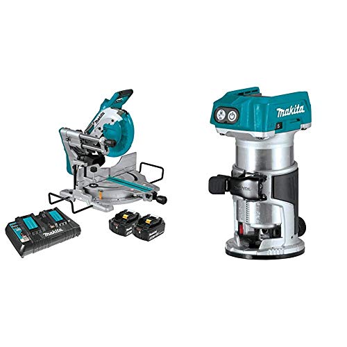 Makita XSL06PT 18V X2 LXT Lithium-Ion (36V) Brushless Cordless 10´´ Dual-Bevel Sliding Compound Miter Saw with Laser Kit (5.0Ah) with XTR01Z 18V LXT Lithium-Ion Brushless Cordless Compact Router