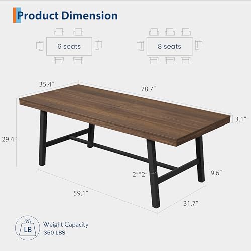 Image of GarveeHome Industrial Dining Table for 6-8 People, 78.7 inch Long Large Kitchen Table with Sturdy Metal Frame, Rectangular Counter for Dinner, Kitchen, Dining Room (Brown, 79 inch Non-extendable)