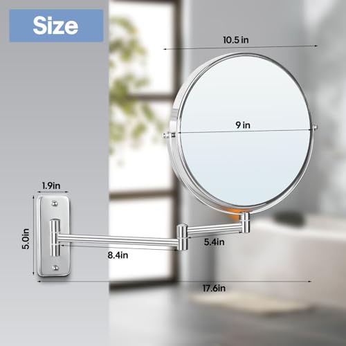 Image of Large Size 9-in Wall Mounted Magnifying Makeup Mirror 1X /10X Magnification,Extendable Bathroom Mirrors Wall Mount Vanity Mirror for Shaving,12-in Folding Arm,Flexible Adjustable,Space-Saving,No Light