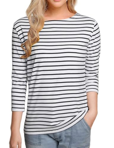 LilyCoco Womens 3/4 Length Sleeve Tops Striped Boatneck Shirt Breton French Cotton Tees