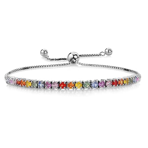 Gem Stone King 3.00 Cttw Multi Color Sapphire Gemstone Birthstone Tennis Bracelet Jewelry for Women In 925 Sterling Silver | Fully Adjustable Up to 9 Inch - Main Image