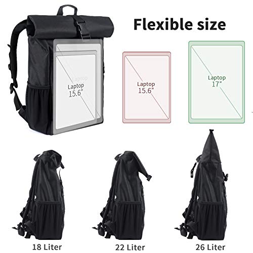 RJEU Laptoprugzak voor 17 inch, rolltop rugzak, heren dames, laptoptas voor school, studie, reizen, schoolrugzak (zwart, 26 liter) - Image 7