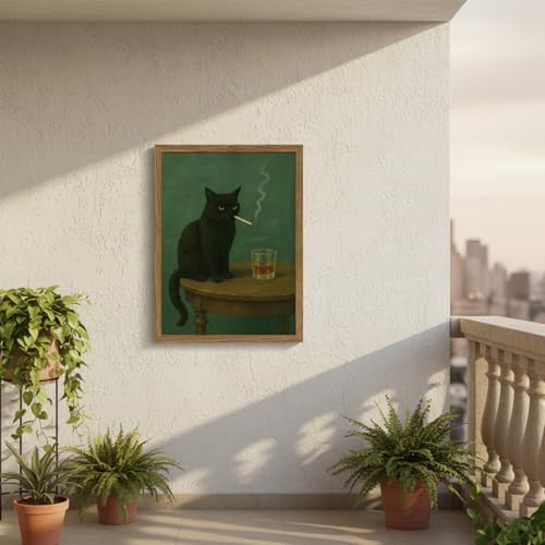 Funny Black Cat Wall Art Framed Vintage Moody Cat Canvas Prints Wall Decor Whimsical Cool Animal Paintings Pictures for Living Room Bedroom Bathroom Bar 8x10in — view 4
