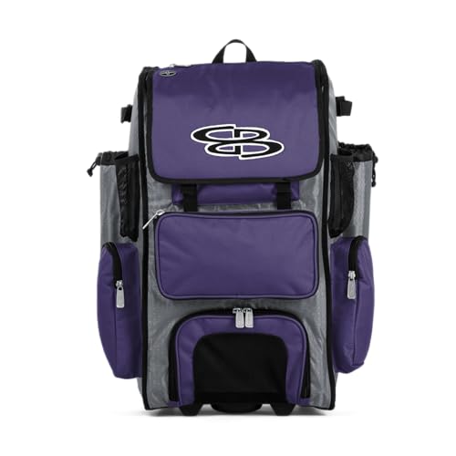 Boombah Rolling Superpack Baseball/Softball Gear Bag - 23-1/2" x 13-1/2" x 9-1/2" - BRSP2C23 Gray/Purple - Telescopic Handle - Holds 4 Bats - Wheeled Version -  BRSP2C23 GY/PU