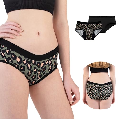 HEMSLEY Mutande Mestruali Ragazza - Slip Mestruali Ragazza - Mutandine Mestruale Anti-Perdita e Traspiranti - Mutandine 2 Pack (IT, età, 11 Anni, 12 Anni, Regular, Nero e Leopardato)