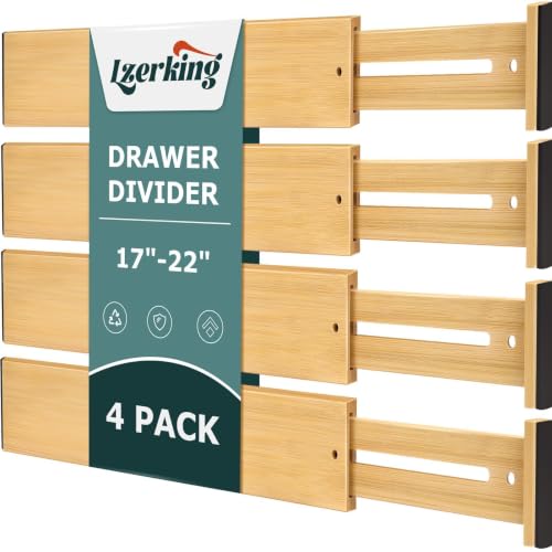 Kitchen Drawer Dividers 4 Pack Adjustable Bamboo Drawer Organizer | 17-22″ Adjustable, Spring Loaded, Expandable Utensil Organizer, Works in Kitchen, Dresser, Bathroom, Bedroom, Closet
