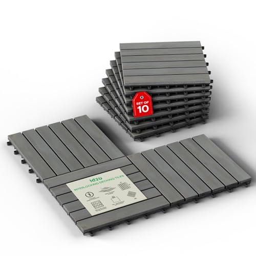 Idzo Interlocking Deck Tiles 9.6 SQFT - 10PCS Waterproof Acacia Wood Patio Tiles, Flooring Tiles for Indoor and Outdoor - 6 Slats Decking Stripe Pattern, 11.81 x 11.81 x 0.91 Inches, Gray