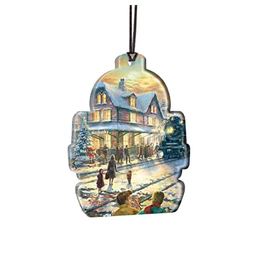 Thomas Kinkade – Lionel Train Station – All Aboard for Christmas – 4.4” x 2.2” Train-Shaped Hanging Acrylic Print Accessory – Officially Licensed Collectible