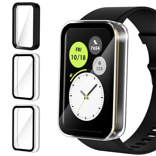 ivoler 3 Piezas Funda Dura PC para Honor Band 10, Protección Completa Protector de Pantalla de Cristal Vidrio Templado Antigolpes Anti-arañazos Bumper Estuche Carcasa, 2 Transparente + 1 Negro
