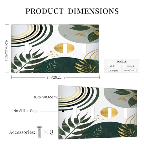 Decorative Light Switch Cover Plate Boho Green Leaves Bohemian Gold Sun 4 Gang Wall Plate Oversized Quad Toggle Switch Cover Plate Jumbo Faceplate for Bedroom Decor