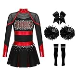 Aislor Disfraz De Animadora Niñas Vestido De Manga Larga con Pompones Uniforme Escolar Conjunto De Baile Moderno Actuación Negro Rojo 15-16 años
