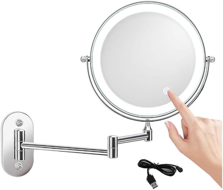 8 Inch Rechargeable Wall-mounted Lighted Makeup Vanity Mirror Dual-Sided 1X/5X Magnified Bathroom Mirror, 3-Color Lighting, Touch Screen Dimming, 360° Rotating Retractable Arm(Size:3X,Color:silver)