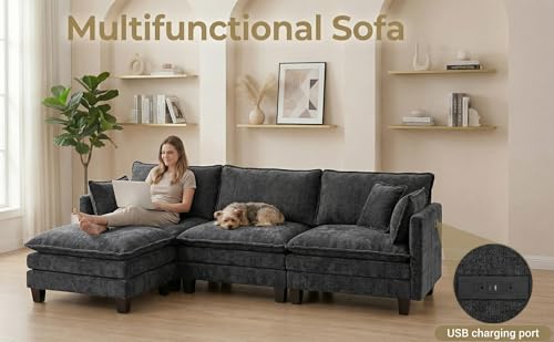 Image of 110.4 inch L Shaped Modular Sectional Sofa, Comfy Upholstery Chenille Cloud Couch with USB, Modern 4-Seat Deep Seat Sofa with Ottoman for Living Room, Apartment, Black