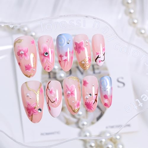 30Pcs Summer Almond Press on Nails with Cherry Blossom Pearl Rhinestones Gold French Tips Reusable Fake Nails for Wedding Party, Flowers Nail Art Set, DIY Long Pink Acrylic False Nails for Daily Wear - Image 5