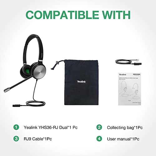 Image of Yealink Phone Headsets for Office Phones YHS36 QD to RJ9 Wired Headset Compatible with Poly Snom Grandstream Phones Desk Landline VoIP Headset with Microphone -Dual /170g /2.1m Cable