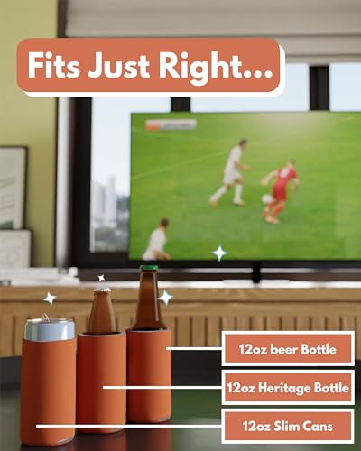 Image of PartyPrints 100 Pack Orange Blank Slim Can Cooler Sleeves | Plain Seltzer Customizable Bulk Coolers for Beer Bottles & 12oz Tall Cans | Skinny Collapsible Drink Insulated Sleeve