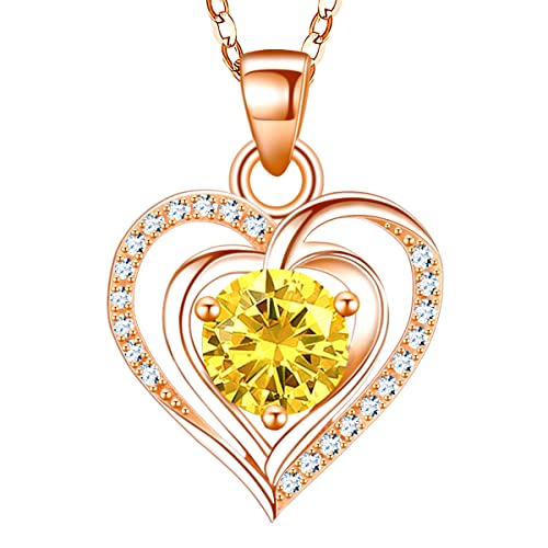 RIVIKO Heart Birthstone Pendant Necklace for Women 925 Sterling Silver Zirconia Rose Gold Plated November Necklaces Wedding Anniversary Mothers Day Jewelry Gifts For Her Mother Wife