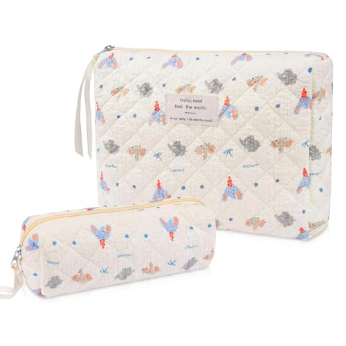 Gosect 2PC Makeup Bag Set, Cute Cosmetic Bag for Women Girls, Floral Coquette Aesthetic Toiletry Bag, Travel Make Up Organizer Bag (Elephant)