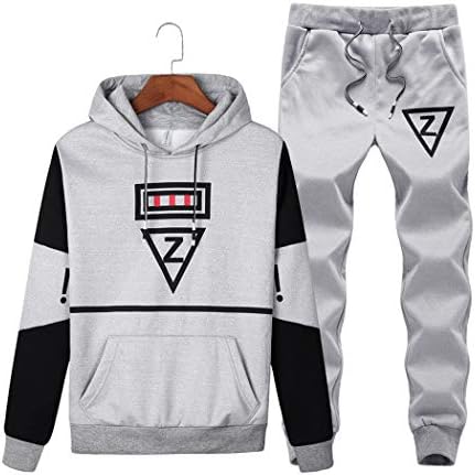 Men's Casual 2 Piece Outfits Long Sleeve Hooded Sweater Top& Pants Jumpsuit Set Light Grey
