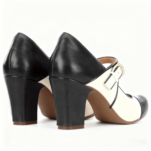Image of SHODENSE Women Vintage Chunky High Heel Mary Jane Shoes Round Closed Toe Ankle Strap Dress Sandals 3 inch Block Heels Mary Jane Lolita Pumps Two-Toned Patchwork Buckle Office Lady Wedding Retro 4-11 M US