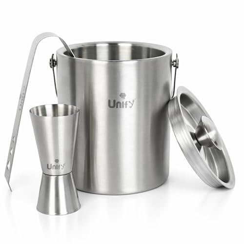 Image of Unify 3 Pieces Stainless Steel Double Wall Ice Bucket Set (1 Litre) with Lid, Ice Tongs & 30 /60 ml Peg Measurer | Insulated Ice Bucket for Home Bar, Parties & Cocktails, Bar Accessories