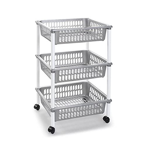 Ac - Carrito Verdulero Modelo Plft De Plástico Con 3 Niveles Y Ruedas, Cestas Apilables Portaobjetos, Frutas, Verduras, Cocina, Baño Plata - 61 X 40 X 30 Cm