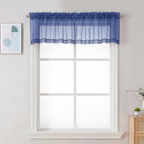 Image of Chyhomenyc Sheer Valances for Windows 2 Pack, Small Window Curtains for Living Room Bathroom Laundry Basement, Modern Top Dual Rod Pocket Voile Curtain, 42W x 14L inches, 2PCS, Royal Blue