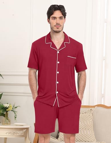 Matching Pajamas for Couples Button Down Pajama Short Sleeve Soft Modal Sleepwear 2 Piece Loungewear,Wine Red-S2