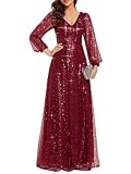 Ever-Pretty Robe De Mariée Longue pour Mère Paillettes Manches Longues Col V Lingne A Chic Bordeaux 38