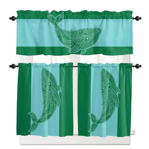 Green Whale Kitchen Curtains 36 Inch Length,3 Piece Rod Pocket Small Half Tiers and Valance Set,Mandalas Boho Modern Abstract Aqua Stripe Small Large Window Treatment Decor for Bedroom/Bathroom Sink