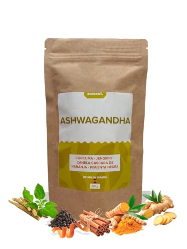 Infusión Ashwagandha Cúrcuma Jengibre Canela Pimienta Negra y Cáscara de Naranja. Alivio del Estrés, Energía Natural, Ayuda a Dormir, Mejora Estado de Ánimo, Propiedades Antiinflamatorias