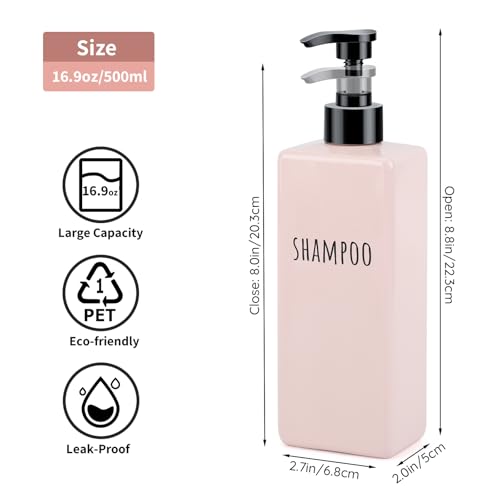Image of Segbeauty Refillable Shampoo and Conditioner Bottles, 3pcs 16.9oz Square Plastic Bathroom Soap Dispenser Set, 500ml Empty Shower Bottles Lotion Dispenser Press Pump Bottle for Modern Home Decor Pink