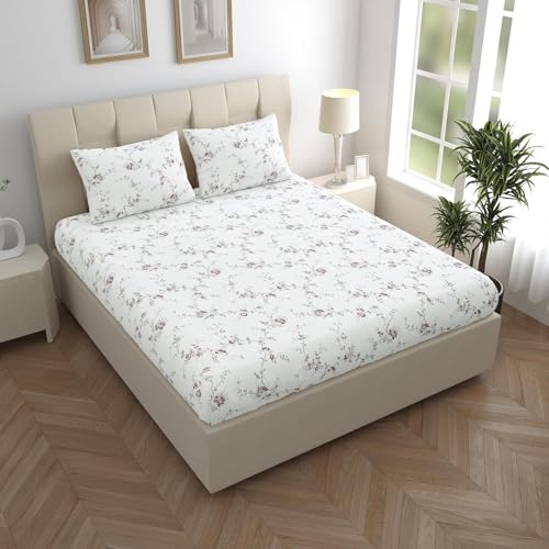 Image of LINENWALAS 100% Cotton Bed Sheet for King Size Bed, Floral Printed King Bedsheet with 2 Pillow Covers | 210 TC Soft, Breathable, Luxury Bedsheet (Vineyard, 108 x 108 Inches), White