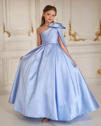 Satin One Shoulder Flower Girl Dress with Bow Wedding Princess Pageant Party Gown Puffy Formal First Communion2