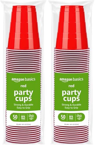 Image of Amazon Basics Sturdy Disposable Plastic Party Cups for Cold Drinks, Red, 18oz, 50 Count, BPA-Free (Pack of 2)