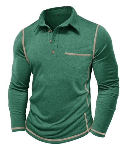 Mens Athletic Polo Shirt Cotton Workout Button Collar Long Sleeve Shirts with Pocket2