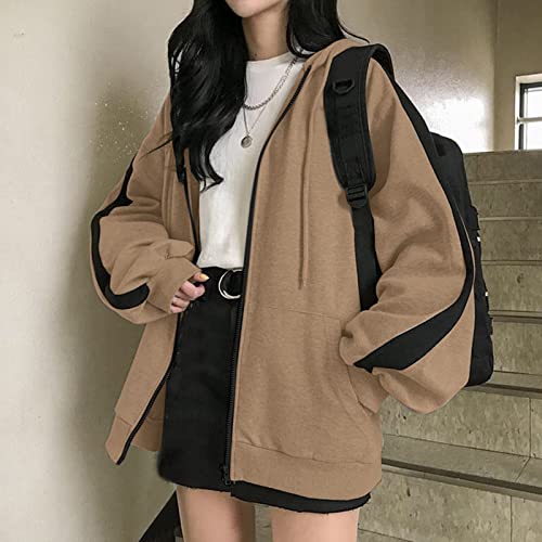 Womens Zip Up Hoodie 2025 Y2K Baggy Hoodies Cute Plain Color Long Sleeve Plus Size Sweatshirt Fall Jacket for Teen Girls2