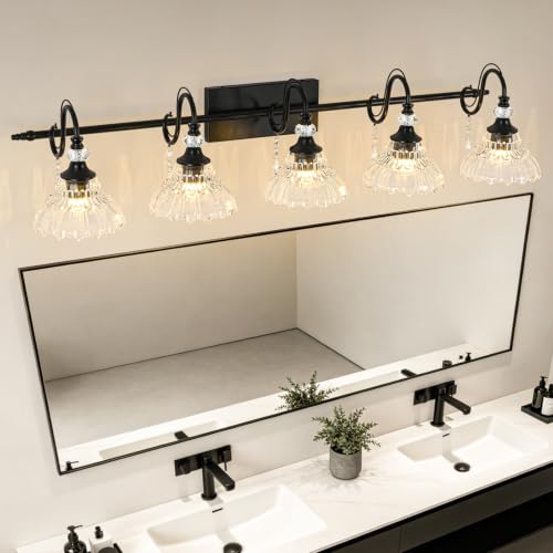 Image of Black Bathroom Vanity Light, 5-Light Matte Black Finish Farmhouse Wall Sconce with Hanging Crystal Accent and Flower-Shaped Clear Glass Shade, Wall Mount Vanity Light Over Mirror for Bathroom