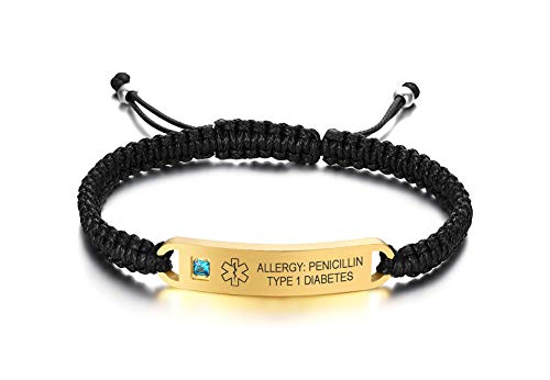 MEALGUET Free Engraving Handmade Adjustable Braided Rope Medical ID Bracelets Paracord Weaving Medical Alert Macrame ID Bracelets for Men Women