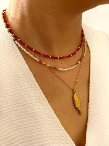 Fish Necklace, Gold Layered Beach Summer Y2k Pendant Necklaces Beachy Choker Beaded Charm Non Tarnish Statement Dainty Stack Stainless Steel Anniversary Holiday Jewelry Gift3