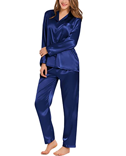 Image of SWOMOG Long Sleeve Pajamas Set Silk Satin Sleepwear Button Down Pjs Loungewear with Pocket