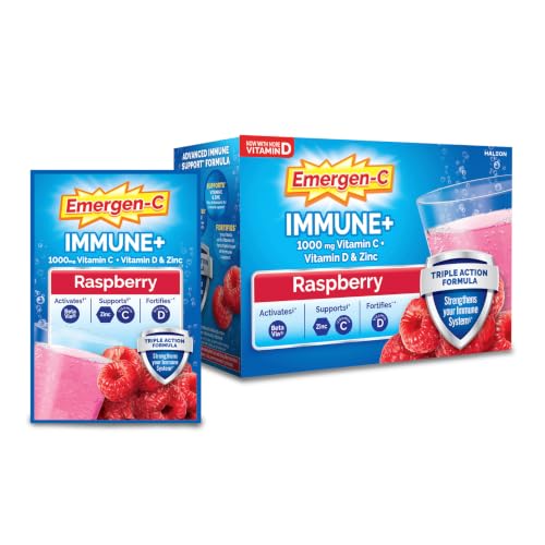 Emergen-C Immune+ Triple Action Immune Support Powder BetaVia (R) 1000mg Vitamin C B Vitamins Vitamin D and Antioxidants Raspberry Back to School Essentials 30 Count