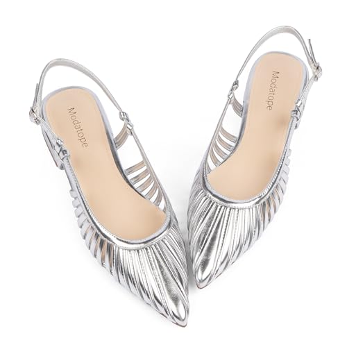 Modatope Slingback Flats for Women Pointed Toe Ballet Flats Classic Low Heel Sandals Dress Shoes 7.5 Silver