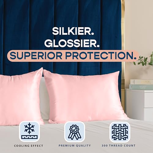 Image of BLISSFORD Pink Satin Pillowcase with Zipper, for Hair and Skin Care, Feels Soft and Cool Like a Silk Pillowcase, Satin Pillow Cases 2 Pack, Slik Pillow Cover, Queen Size - Set of 2